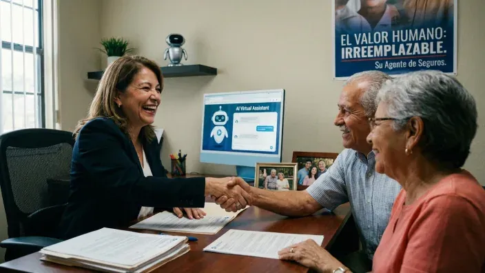 Asesora de seguros estrechando la mano a pareja de jubilados en la oficina con contrato en la mesa.