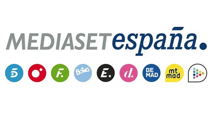 Logotipo de Mediaset España y canales del grupo como Telecinco, Cuatro, Divinity, Boing y la plataforma Mitele.