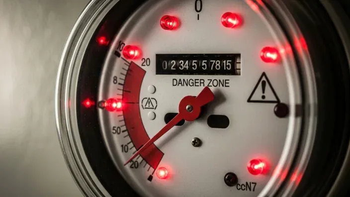 Medidor eléctrico con luces rojas encendidas en zona de peligro