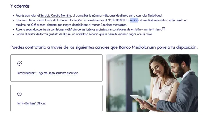 Condiciones Cuenta Evolución Banco Mediolanum con devolución del 1% de recibos y Family Banker.