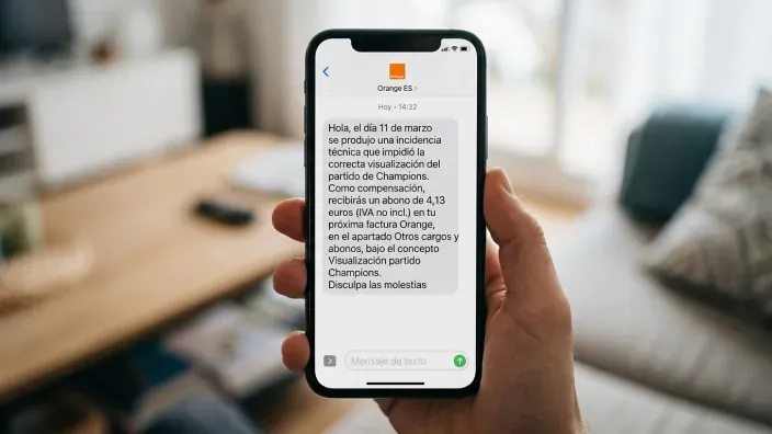 Mano con smartphone mostrando un SMS de Orange ofreciendo compensación económica por una incidencia técnica.
