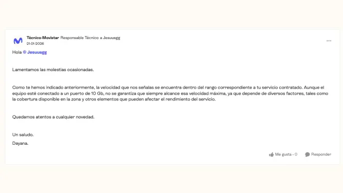 Mensaje de soporte técnico Movistar explicando que la velocidad de fibra 10Gbps depende de cobertura.