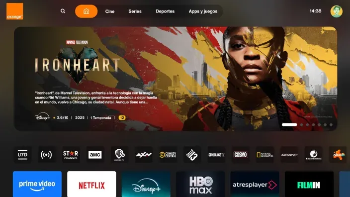 Pantalla de inicio de Orange TV mostrando la serie Ironheart en primer plano y accesos a plataformas como Prime Video, Netflix, Disney+, HBO Max, Atresplayer y Filmin.