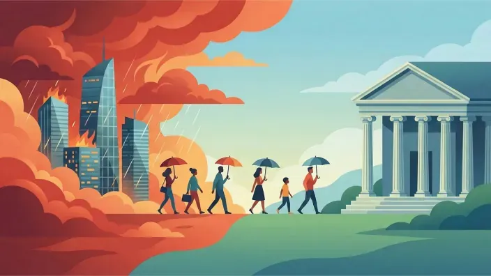 Estabilidad financiera: personas caminan de una ciudad en crisis hacia un edificio seguro bajo un cielo despejado.