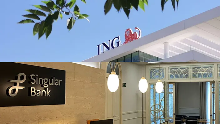 Montaje con la sede de ING en la parte superior y el interior de una oficina de Singular Bank en la parte inferior
