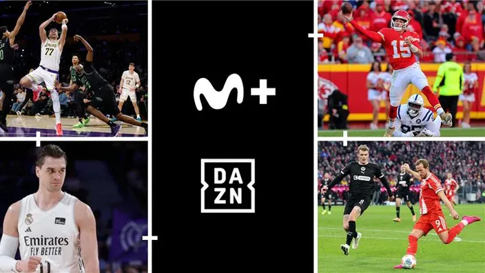 Montaje con los logotipos de Movistar Plus y DAZN junto a imágenes de baloncesto, fútbol americano y fútbol