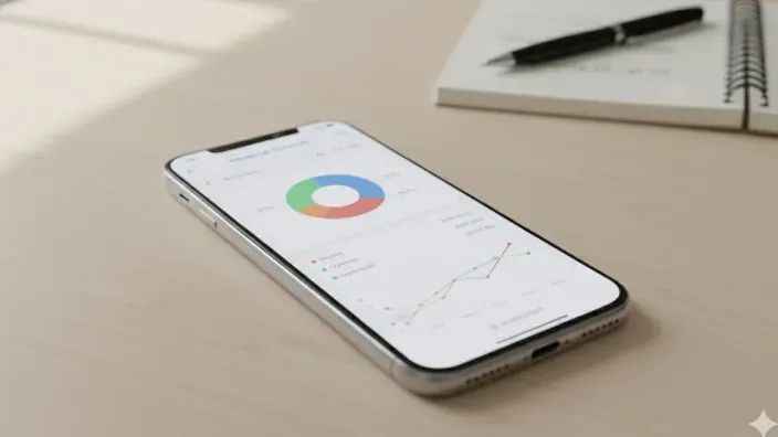 Teléfono móvil sobre escritorio mostrando gráficos y estadísticas de finanzas e inversiones personales