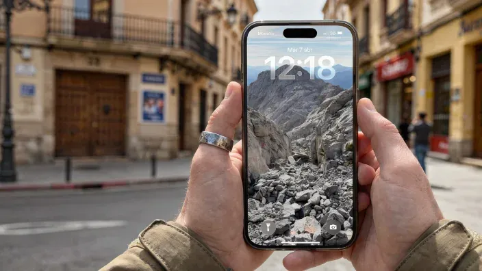 Mano sosteniendo un smartphone con conexión 5G de Movistar en una calle urbana.