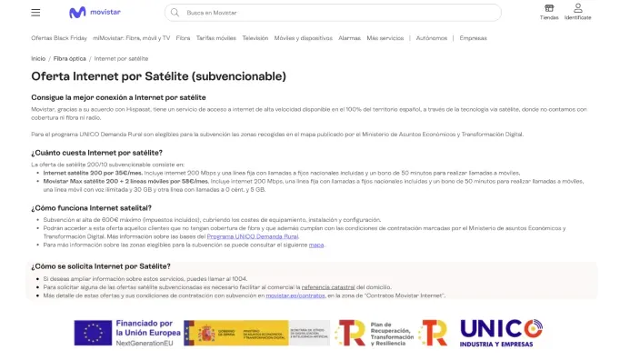 Oferta Movistar de internet por satélite subvencionable programa UNICO por 35€ al mes.