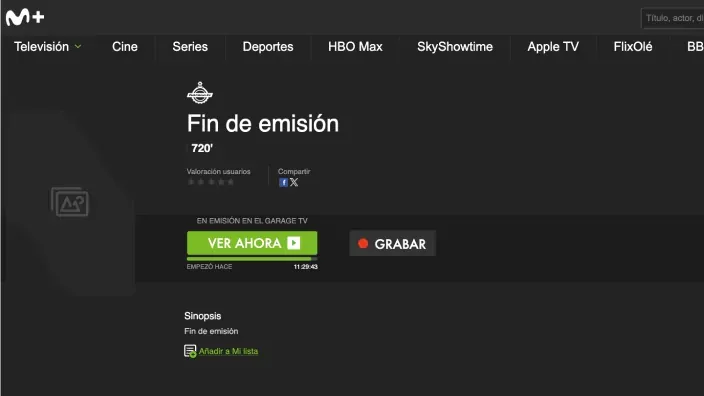 Interfaz de Movistar Plus+ con el mensaje fin de emisión en el canal Garage TV.