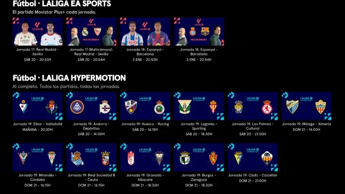 Parrilla de partidos de fútbol en Movistar Plus con encuentros de LaLiga EA Sports y LaLiga Hypermotion.