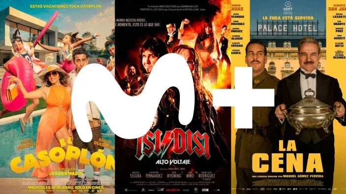 Carteles de cine español con El Casoplón Isi Disi y La Cena junto al logo de Movistar Plus+ para ver en streaming.