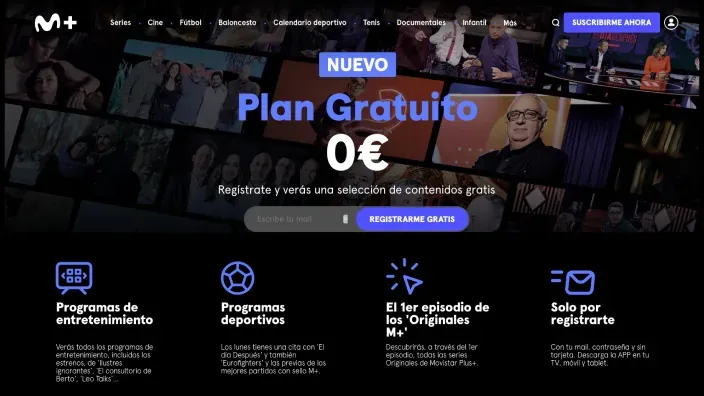 Interfaz de la web de Movistar Plus+ con su nuevo Plan Gratuito para ver una selección de contenidos en streaming sin coste.