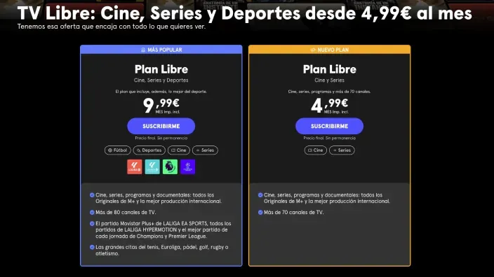 Tarifas Plan Libre de Movistar Plus+ desde 4,99€: comparativa de cine, series y fútbol sin permanencia.