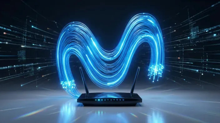 Router Wi-Fi con el logo de Movistar formado por fibra óptica azul para representar la alta velocidad de internet en casa.