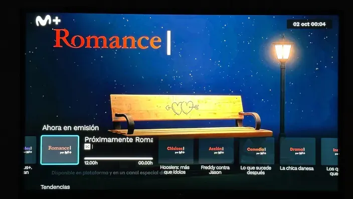 Interfaz de Movistar Plus+ con su canal pop-up Romance por M+.