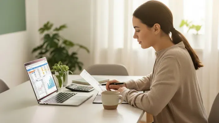 Mujer revisando gráficos financieros en su ordenador portátil mientras trabaja desde casa con una taza de café.
