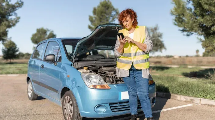 Mujer con chaleco reflectante revisa el móvil tras una avería de coche en carretera