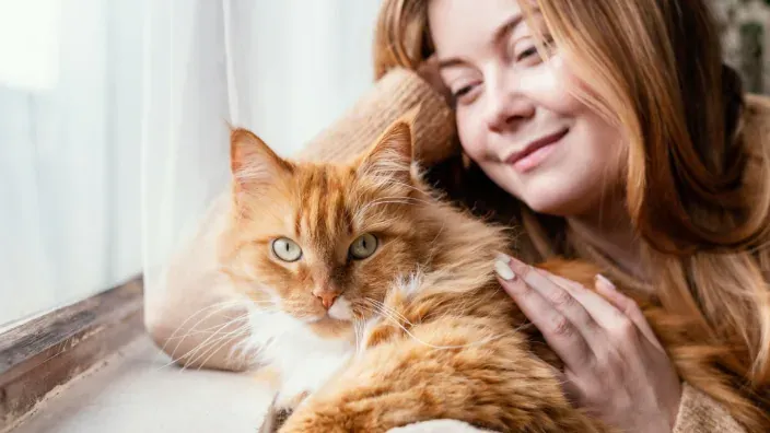Mujer acariciando a un gato naranja junto a una ventana