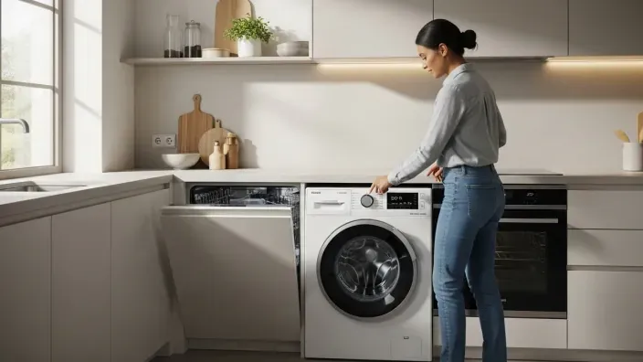 Mujer utilizando una lavadora en una cocina moderna y luminosa.