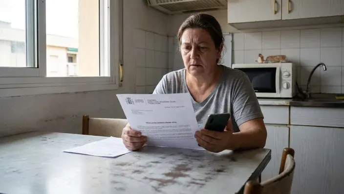 Mujer leyendo notificación del Ingreso Mínimo Vital en la cocina de su casa con preocupación.