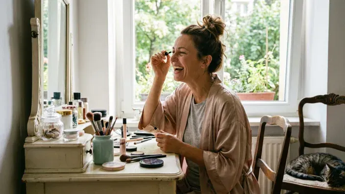 Mujer aplicándose maquillaje frente al tocador con cosméticos y productos de belleza en casa.