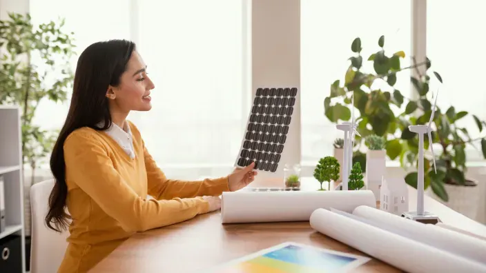 Mujer sosteniendo un pequeño panel solar en oficina con maquetas de energías renovables.