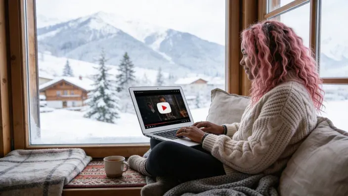 Mujer viendo YouTube en su portátil desde una cabaña en la montaña.
