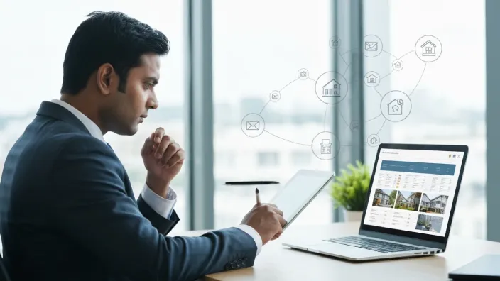 Hombre con traje frente a un portátil y una tableta en una oficina, revisa imágenes y datos de viviendas en pantalla