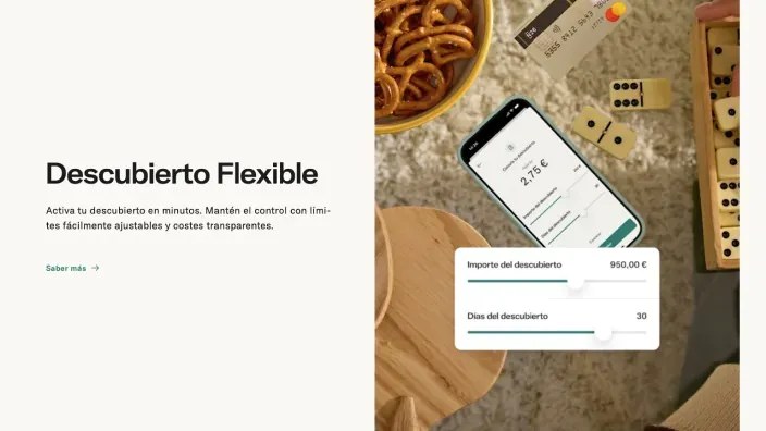 Interfaz de app N26 mostrando la configuración del Descubierto Flexible con importe y días.
