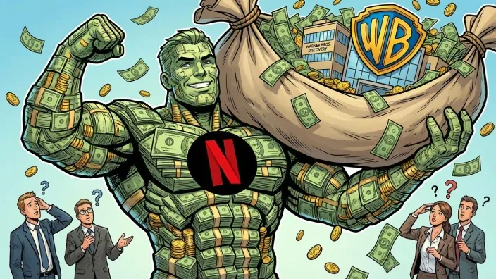 Caricatura de gigante de Netflix hecho de dinero cargando un saco con Warner Bros Discovery.