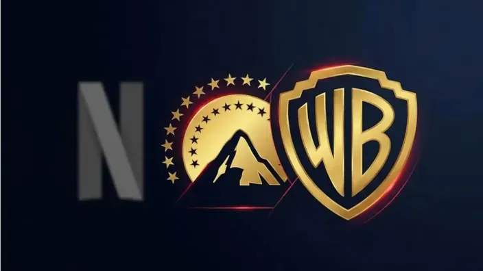 Logos de Netflix, Paramount y Warner Bros destacando la competencia en plataformas de cine y streaming.