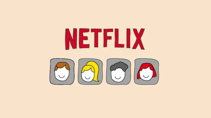 Ilustración del logo de Netflix con cuatro iconos de perfiles de usuario para la gestión de cuentas familiares.