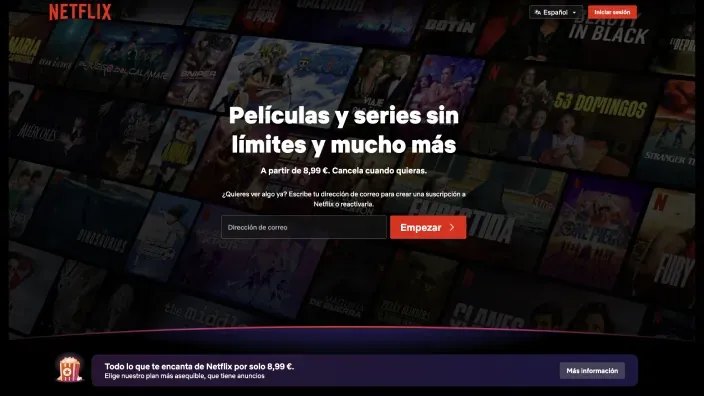 Página principal de Netflix con catálogo de series y películas y oferta del plan con anuncios por 8,99€.