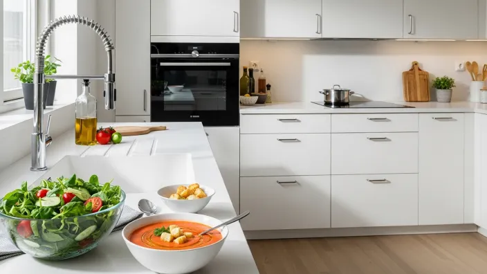 Cocina moderna y luminosa con gazpacho y ensalada, platos frescos para combatir el calor y comer sano en verano.