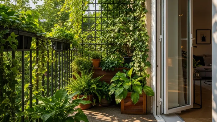 Balcón con muchas plantas verdes que ayudan a crear un ambiente más fresco y natural en la ciudad durante el verano.