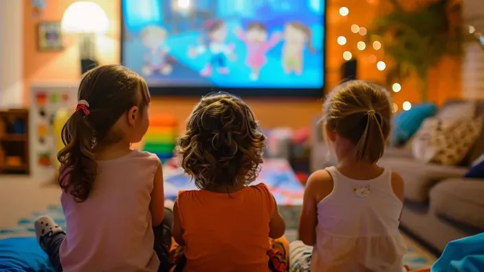 Niñas viendo dibujos animados en una Smart TV en un salón acogedor para disfrutar de contenidos infantiles en streaming.