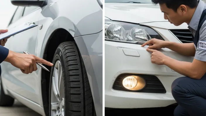 Collage de la inspección de un coche de alquiler: revisión de neumáticos y de arañazos en el parachoques por un empleado