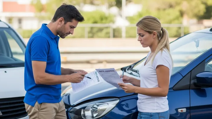 Hombre y mujer rellenando un parte amistoso de accidente de coche, de pie, entre los dos vehículos implicados en la colisión