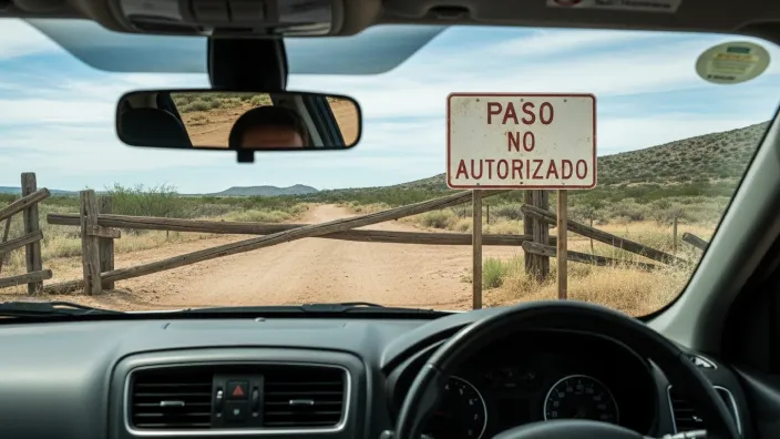 Vista desde un coche a una señal de Paso No Autorizado que bloquea un camino de tierra con una valla de madera en zona rural