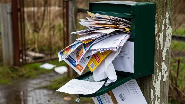 Buzón de correo lleno a rebosar de cartas y publicidad, indicando una posible ausencia prolongada del domicilio