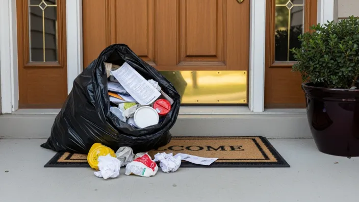 Bolsa de basura con papeles y documentos en la puerta de una casa, un riesgo para la seguridad y la privacidad