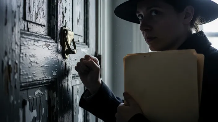 Mujer con sombrero y una carpeta en la mano llamando a una puerta de manera sospechosa, posible estafa o engaño