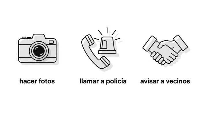 Iconos que recomiendan hacer fotos, llamar a la policía y avisar a los vecinos como pasos a seguir ante un problema