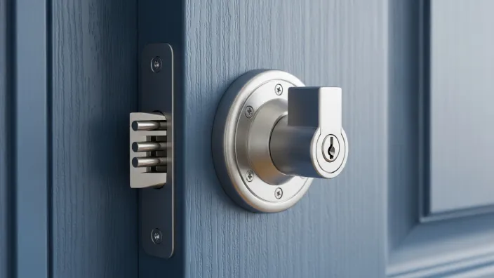 Primer plano de una cerradura de seguridad moderna de alta resistencia instalada en una puerta azul
