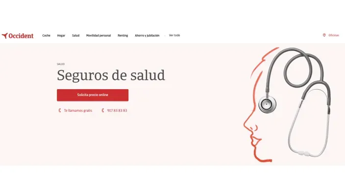 Página web de la aseguradora Occident, con su sección de Seguros de salud y el botón para solicitar precio online.