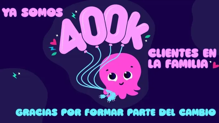 Ilustración de un pulpo rosa con globos celebrando los 400.000 clientes de Octopus Energy en España.