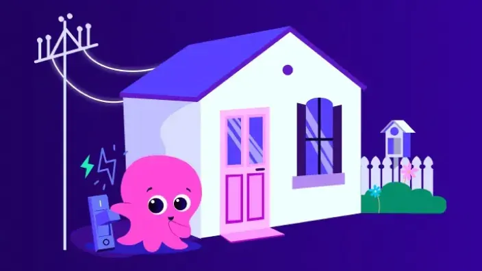 Ilustración de Octopus Energy con el pulpo rosa junto a una casa simbolizando suministro eléctrico doméstico