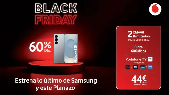 Anuncio del Black Friday de Vodafone: descuento del 60% en el Samsung Galaxy S25 y un plan de móvil y fibra por 44 euros.