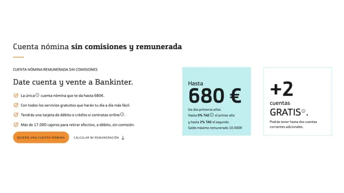 Oferta de la Cuenta Nómina de Bankinter: hasta 680€ y 5% TAE el primer año por domiciliar tus ingresos.